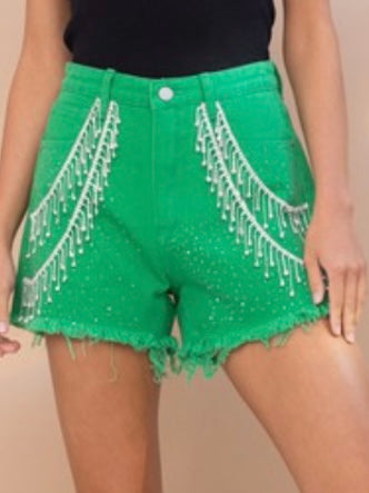 Kelly Green Rhinestone Drape Denim Short