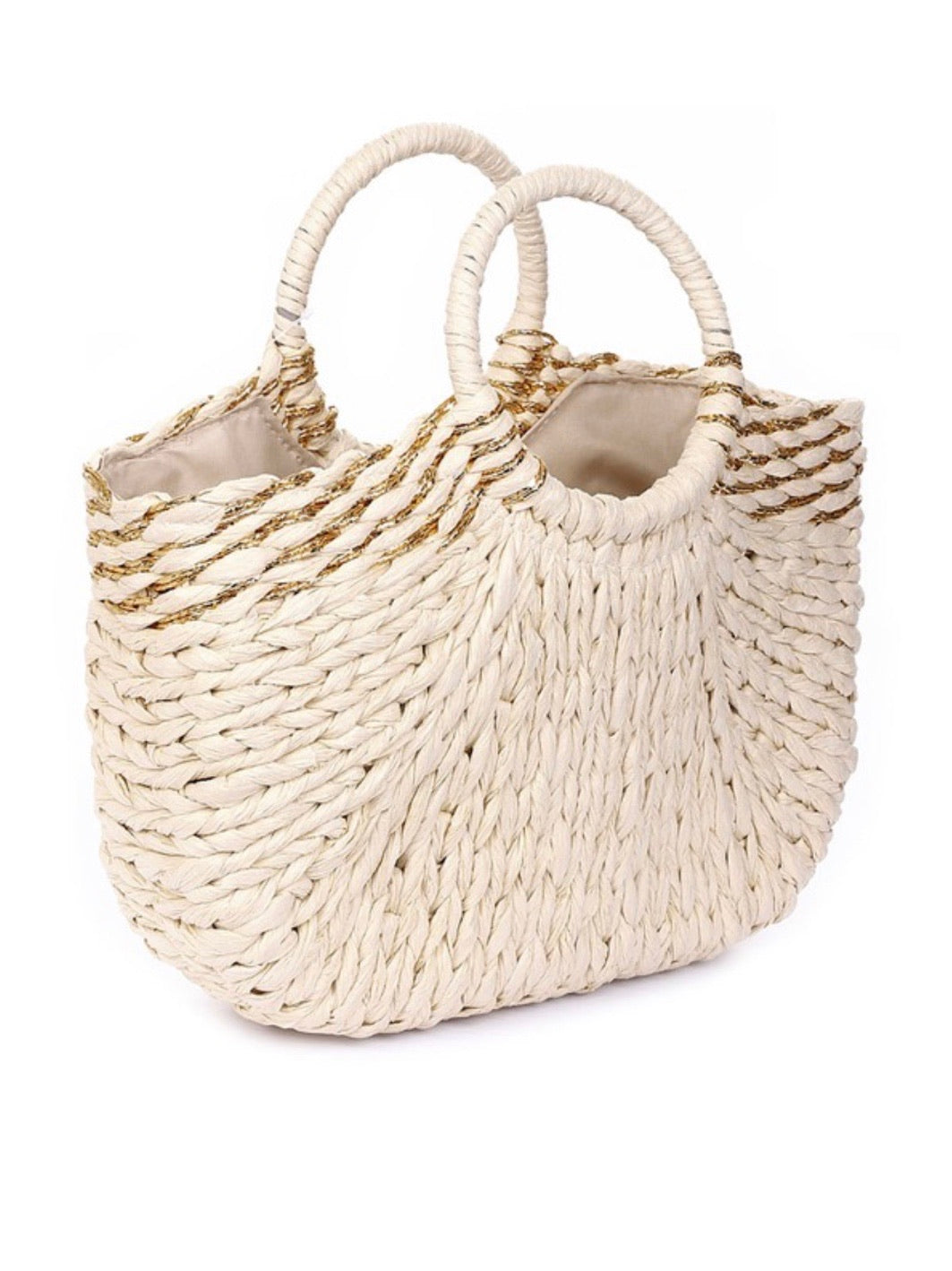 Gold Detail Woven Straw Tote Bag