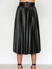 Black Pleather Pleated Midi Skirt