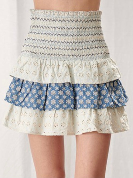 Floral Embroidered Tiered Mini Skirt
