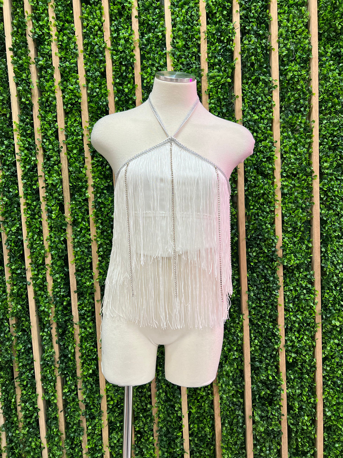 Rhinestone Detail Halter Fringe Top