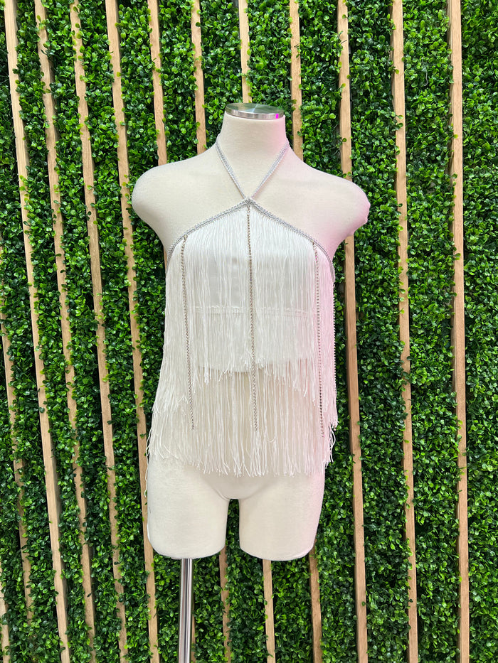 Rhinestone Detail Halter Fringe Top