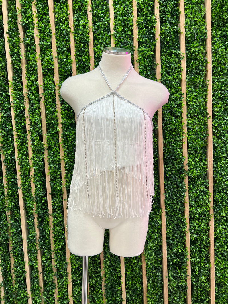 Rhinestone Detail Halter Fringe Top
