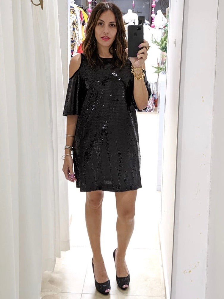 Black Sequins Cold Shoulder Dress