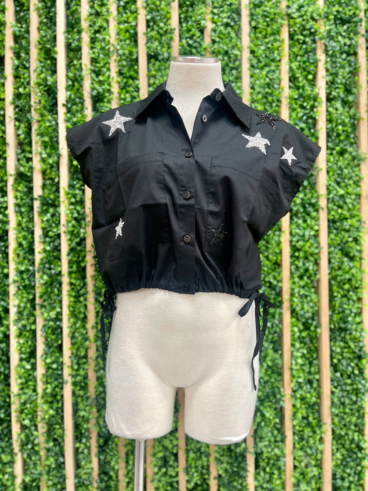 Black Glitter Star Patch Sleeveless Collar Top