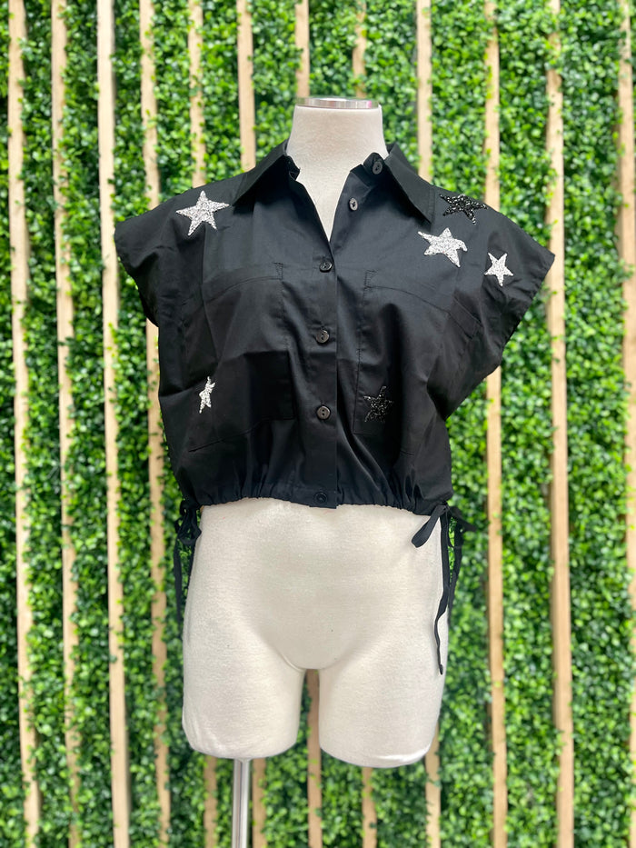 Black Glitter Star Patch Sleeveless Collar Top