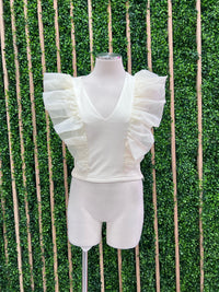 Cream ORganza Ruffle V Neck Top