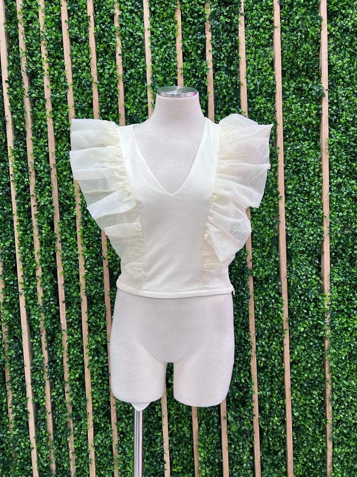 Cream ORganza Ruffle V Neck Top