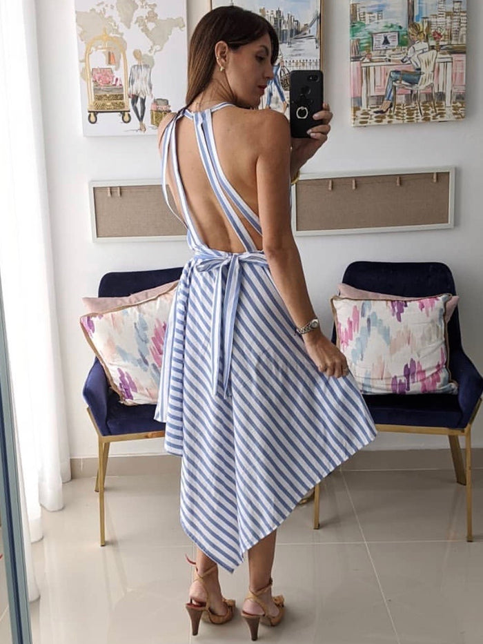 Blue Stripe Hi Lo Halter Midi Dress