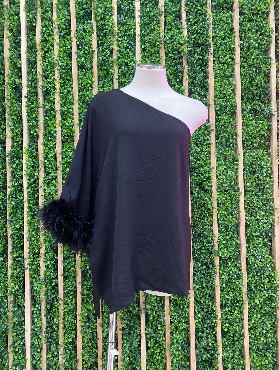 Black One Shoulder Feather Trim Top