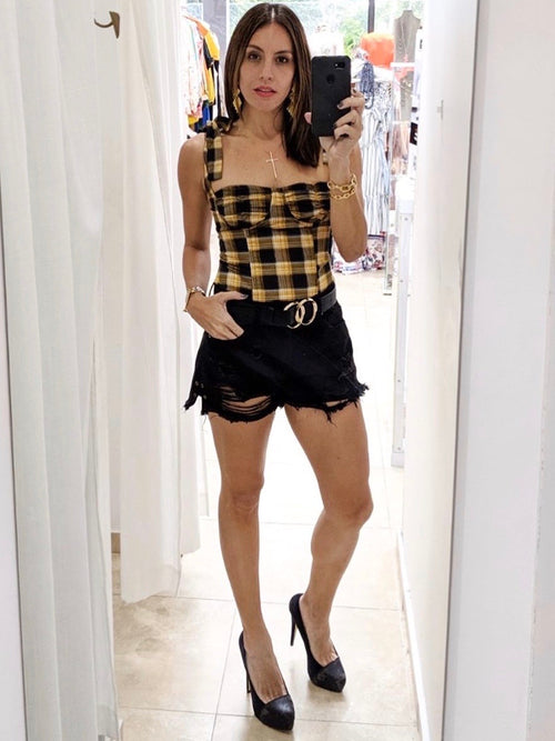 Yellow Plaid Bustier Top
