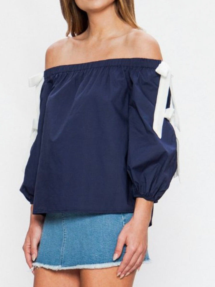 Navy Bow Detail Off Shoulder Top