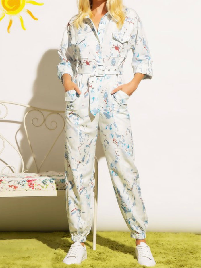 Blue Floral Button Down Collar Jumpsuit