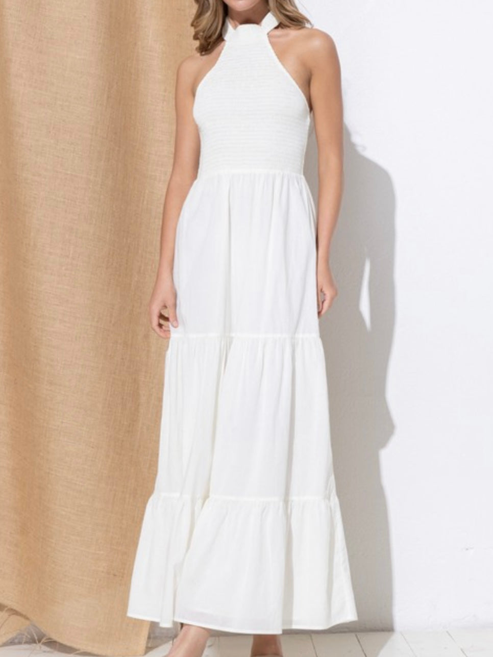 White Smocked Halter Maxi Dress