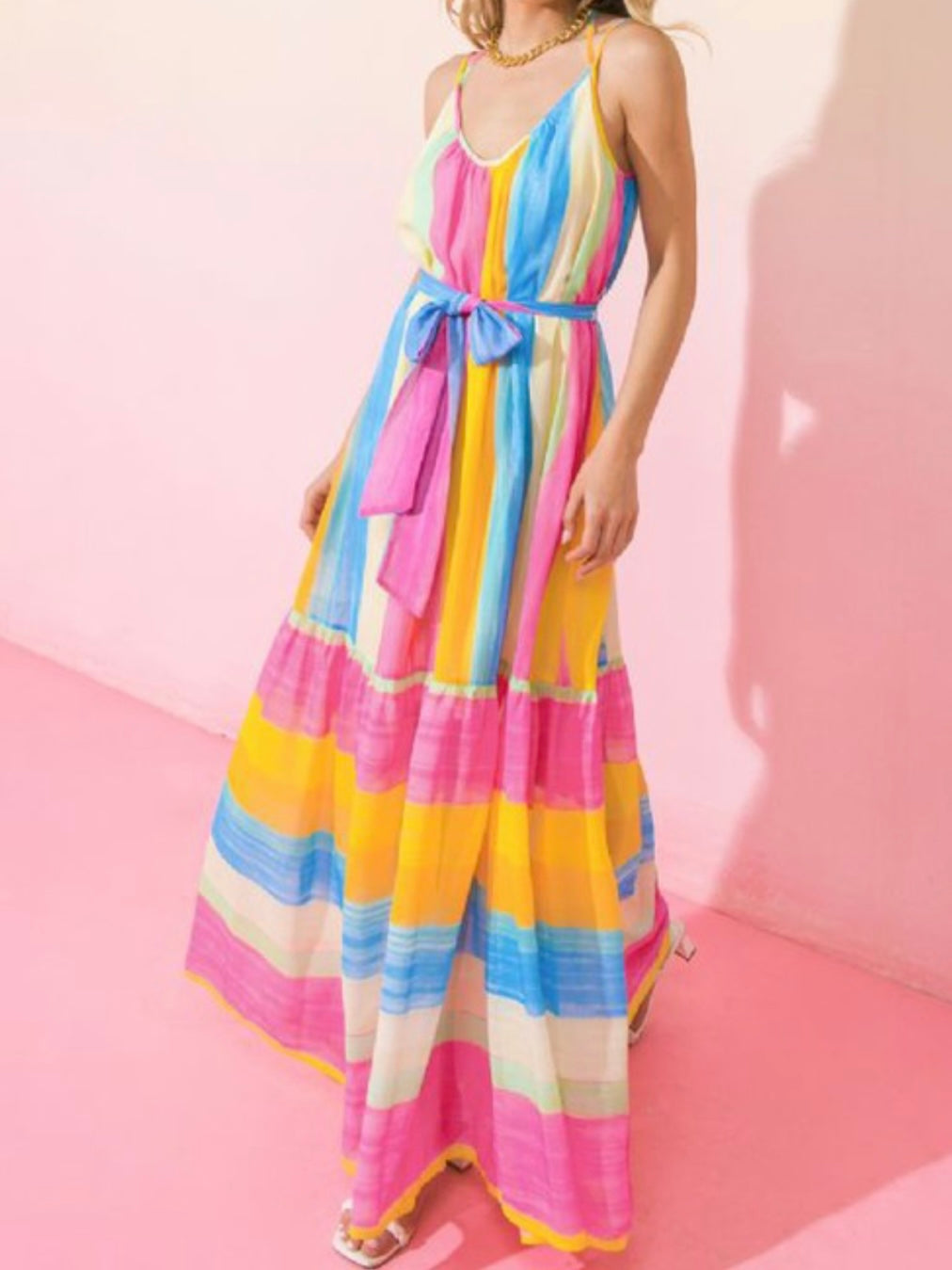 Pink Blue Stripe Block Maxi Dress