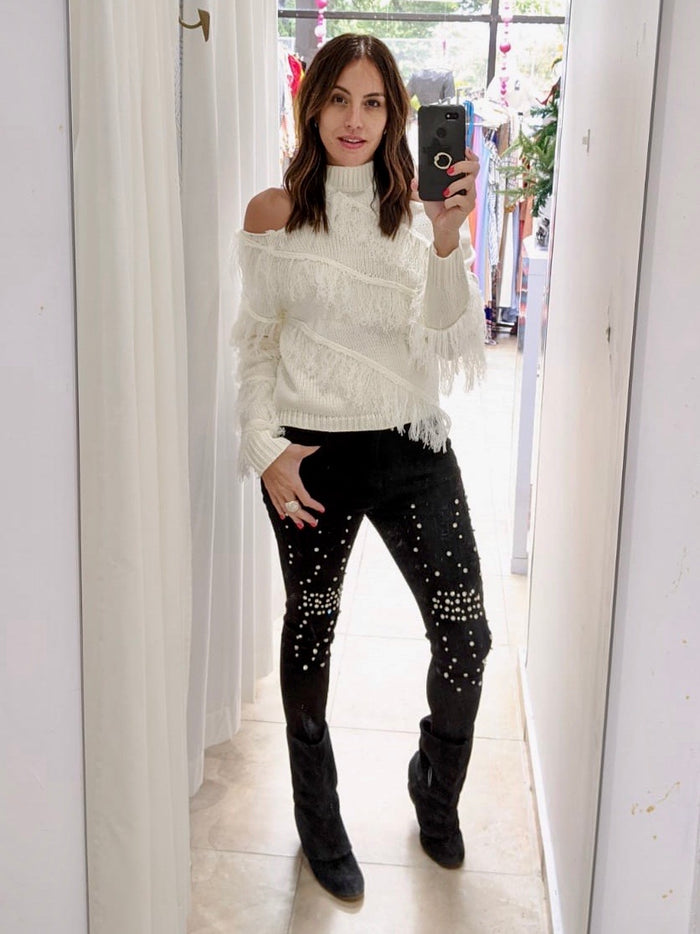 White Cutout Fringe Sweater