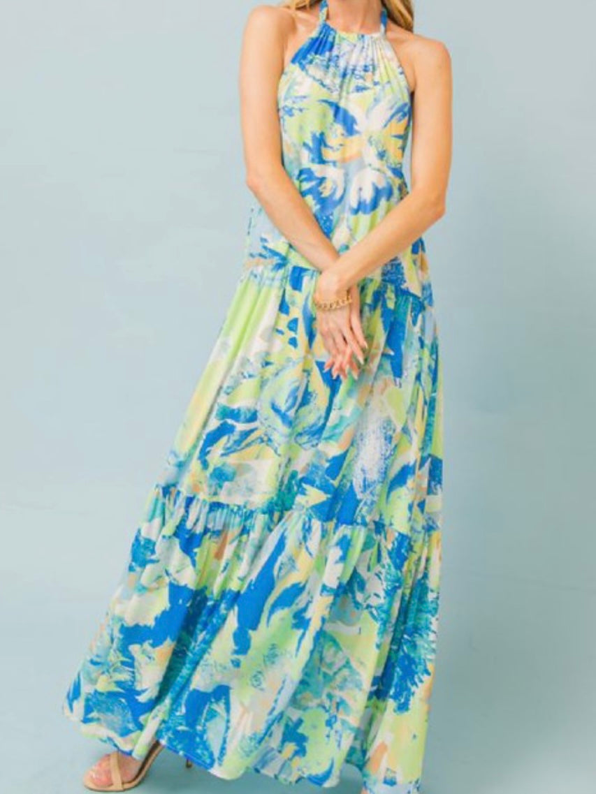 Blue Lime Halter Maxi Dress