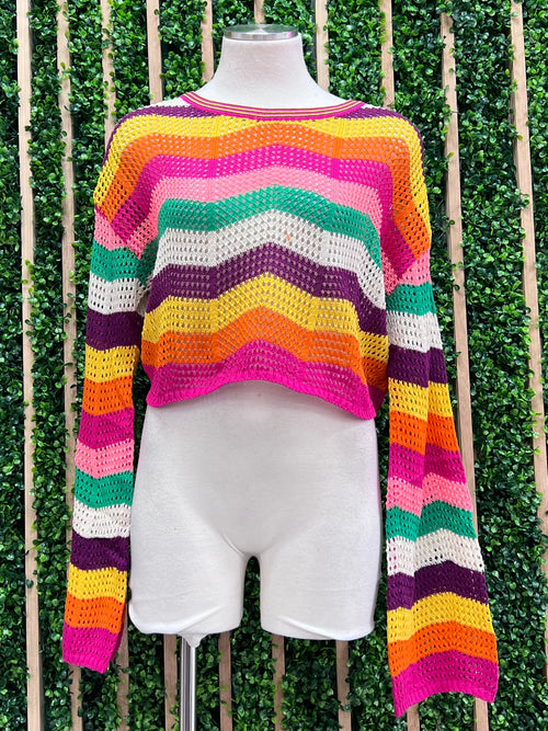 Delicate Bright Stripe Crochet Blouse