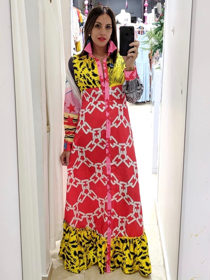 Red Yellow Chain Tiered Maxi