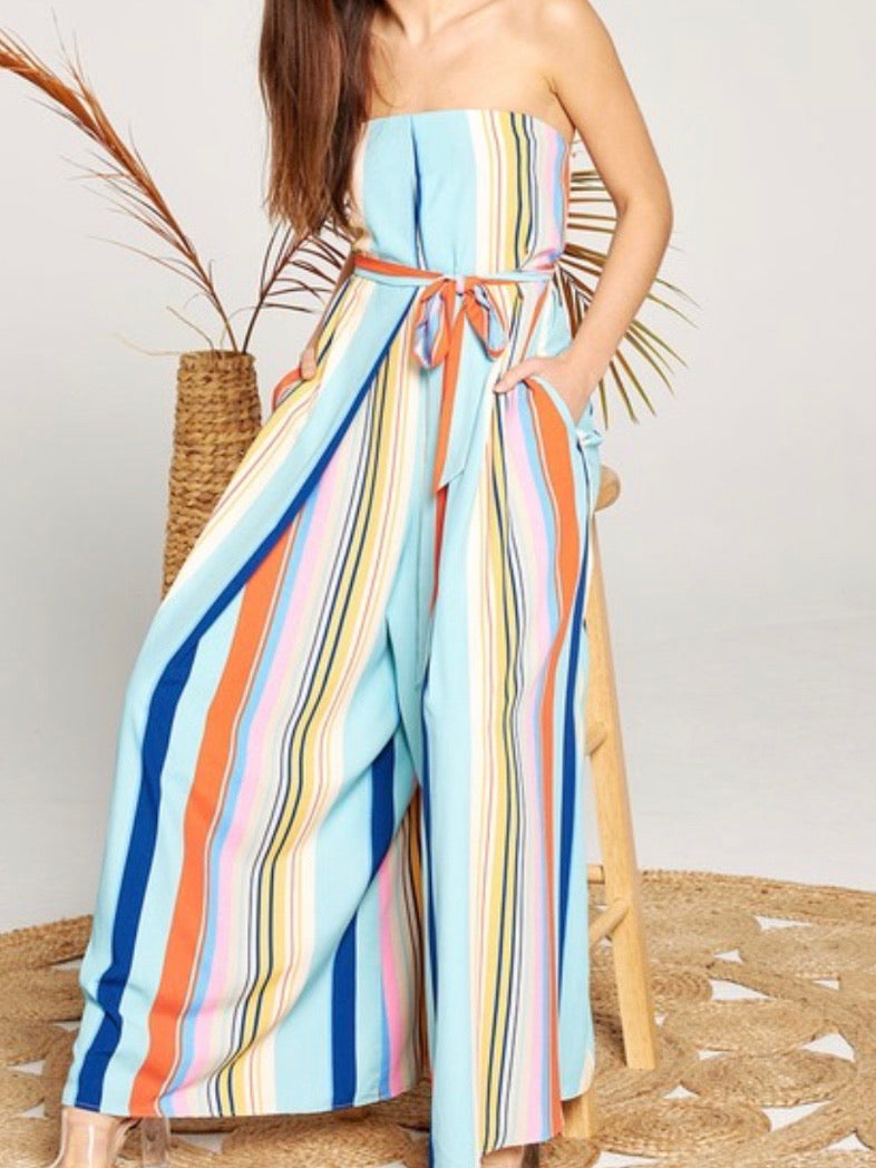 Wide Leg Striped Strapless jumpsuit