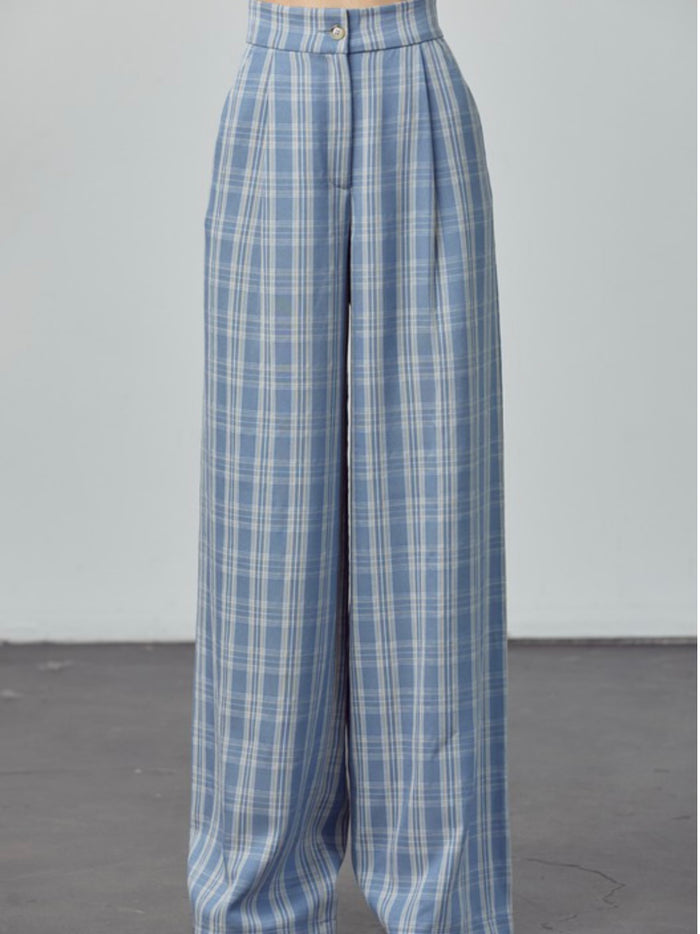 Blue Plaid High Waist Pants