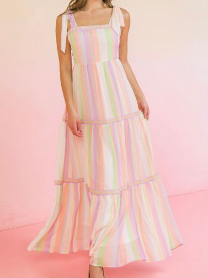 Ivory Peach Lilac Striped Maxi Dress