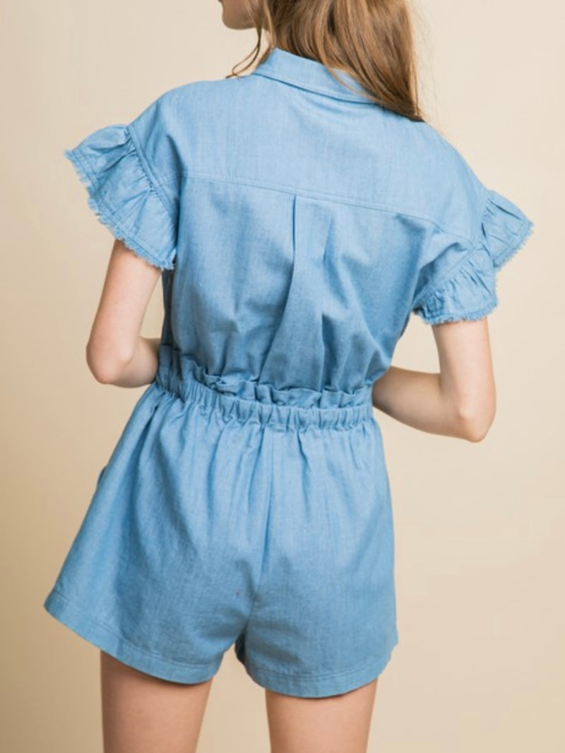 Ruffled Sleeve Paperbag Denim Romper