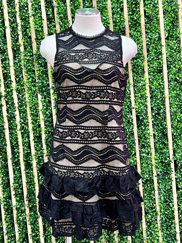 Black Lace Tiered Short Dress