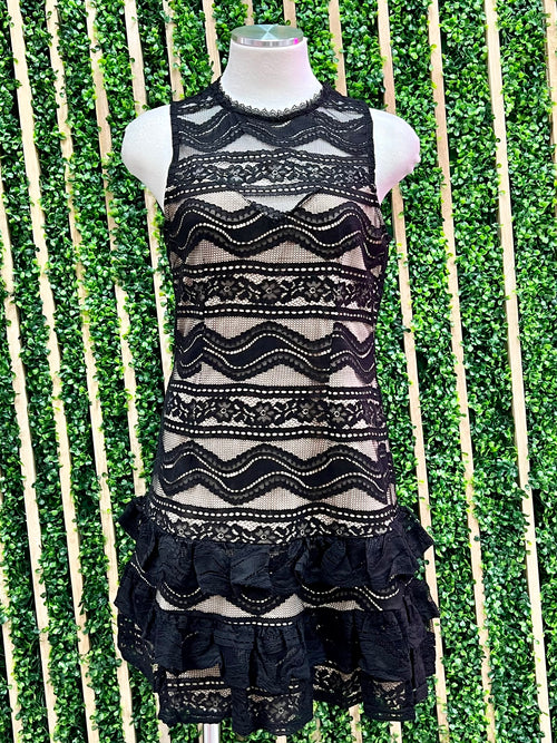 Black Lace Tiered Short Dress