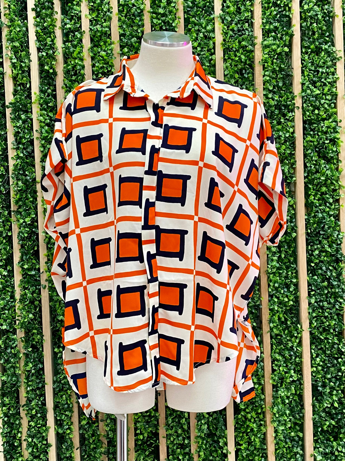 Orange Navy Squares Button Down Blouse