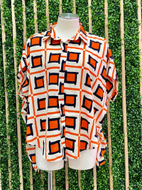 Orange Navy Squares Button Down Blouse