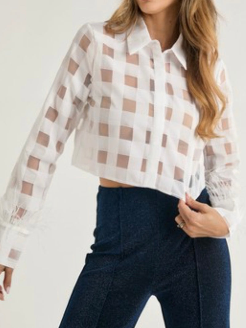 White Organza Squares Button Down Crop Blouse