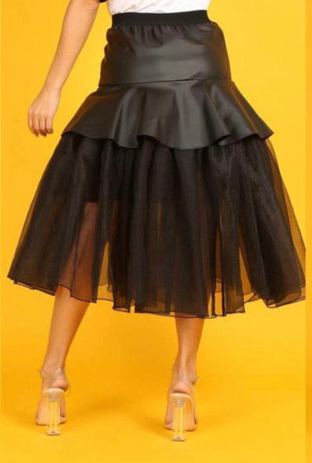 Pleather Tulle Mix Midi Skirt