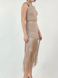 Beige Fringe Detail Knit Skirt