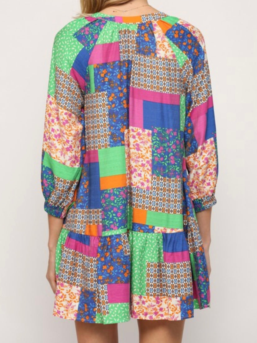 Green Orange Patchwork Drop Waist Dress
