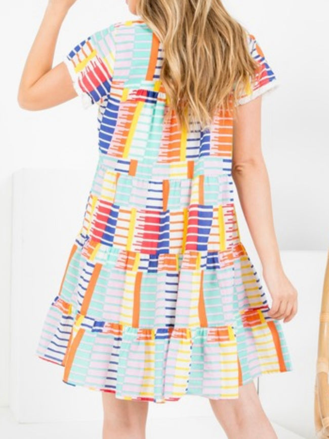 Multicolor Block Flutter Sleeve Dress