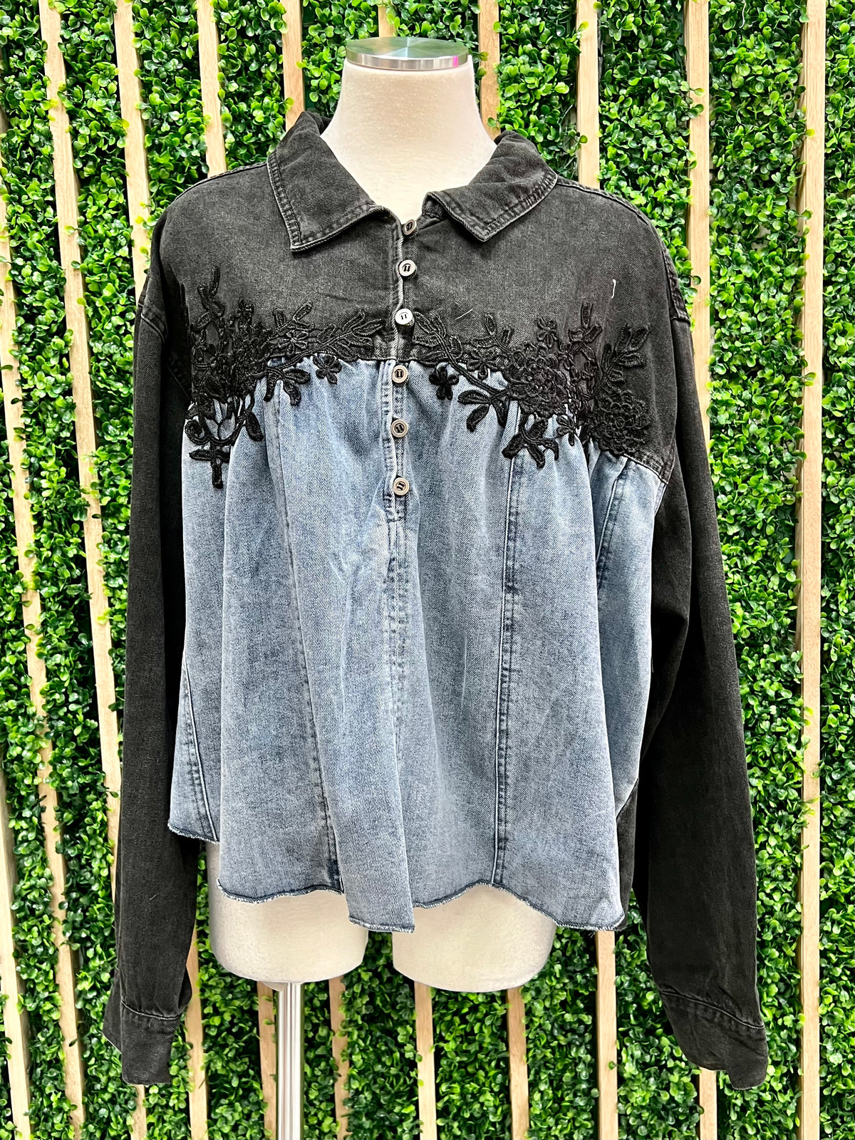 Lace Trim Denim Blouse