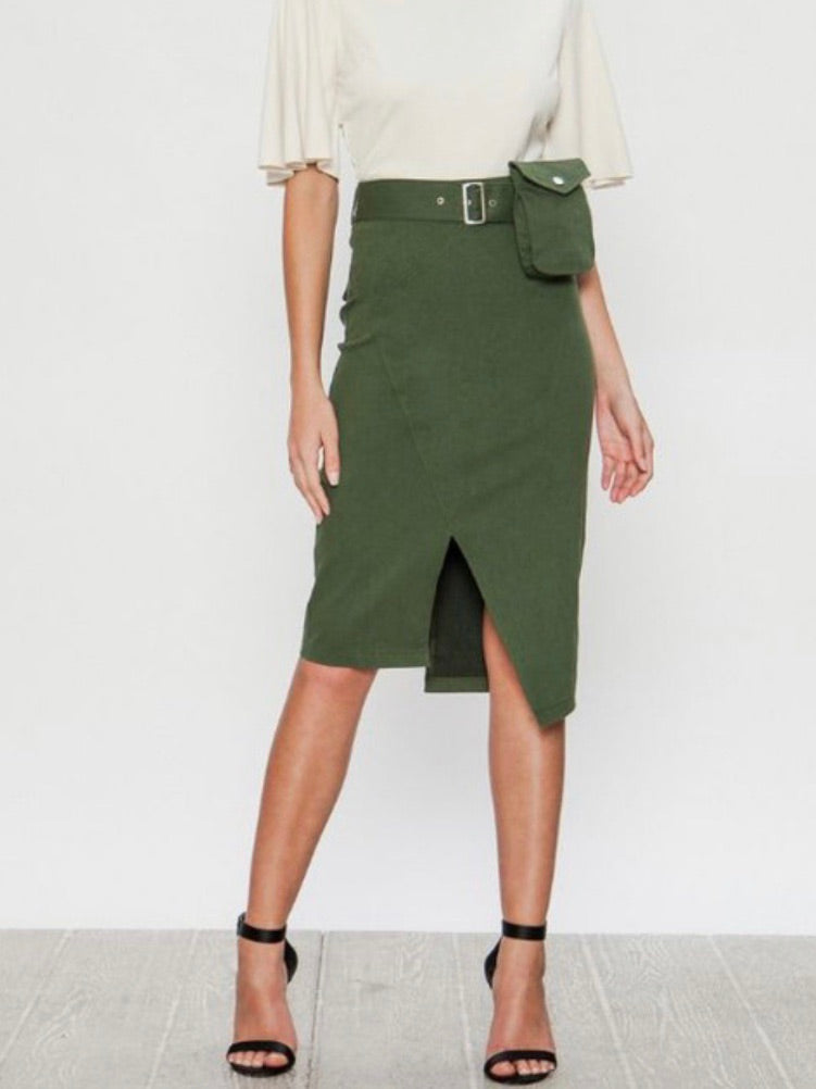 Olive Asymmetrical Pencil Skirt