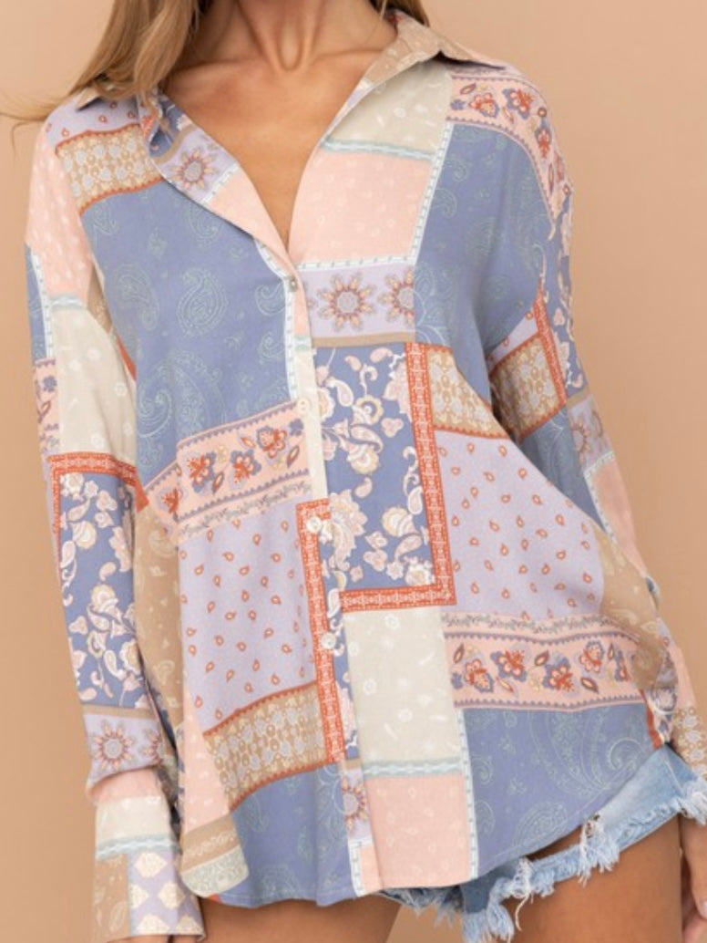 Denim Mauve Patchwork Button Down Blouse