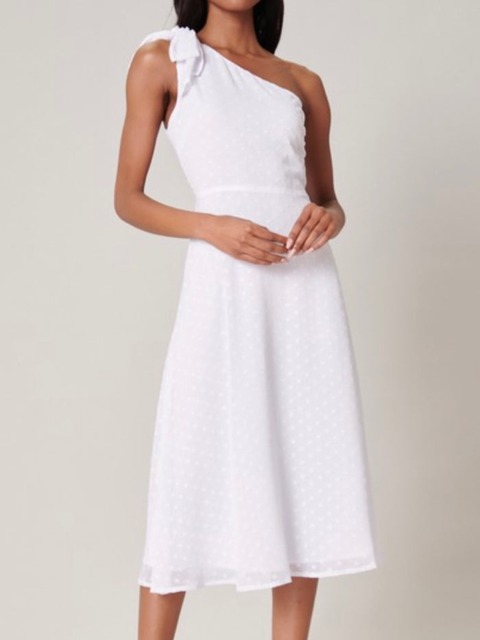 White Chiffon Dots One Shoulder Midi Dress