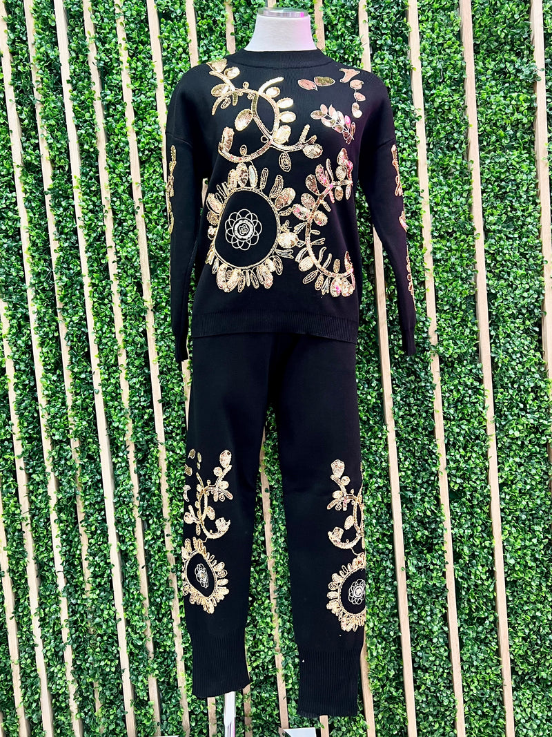 Black Embroidered Knit Set