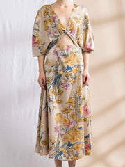 Gold Floral Cutout Kimono Midi Dress