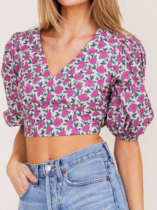 Floral Balloon Sleeve Crop Top