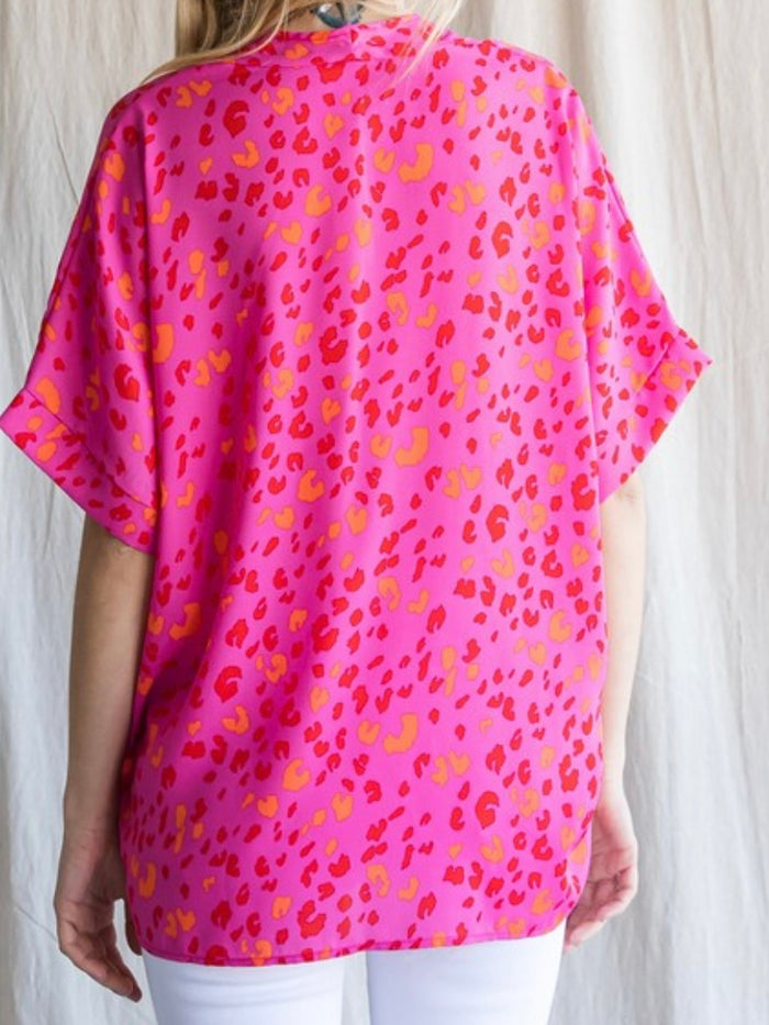 Pink Leopard V Neck Top