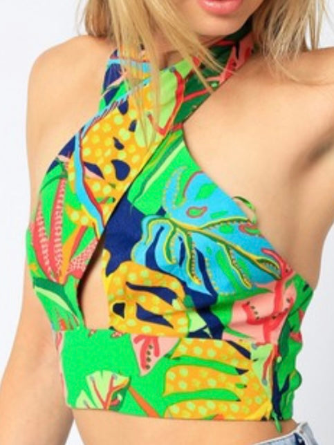 Green Tropical Crossed Neck Crop Top