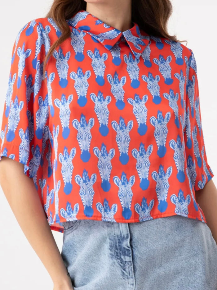 Red Blue Zebra Satin Blouse
