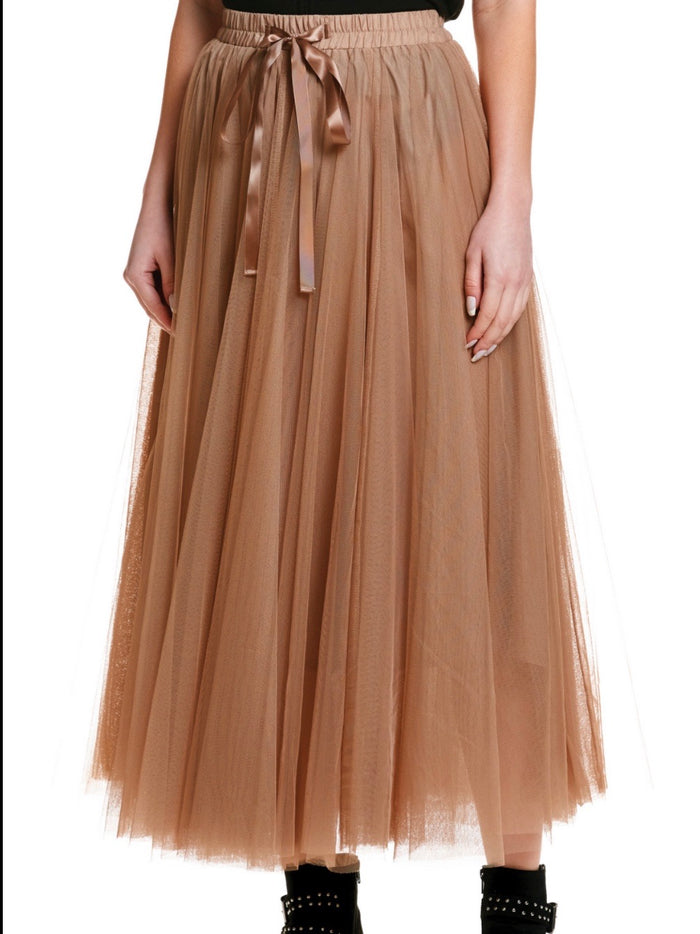 Camel Tulle Midi Skirt