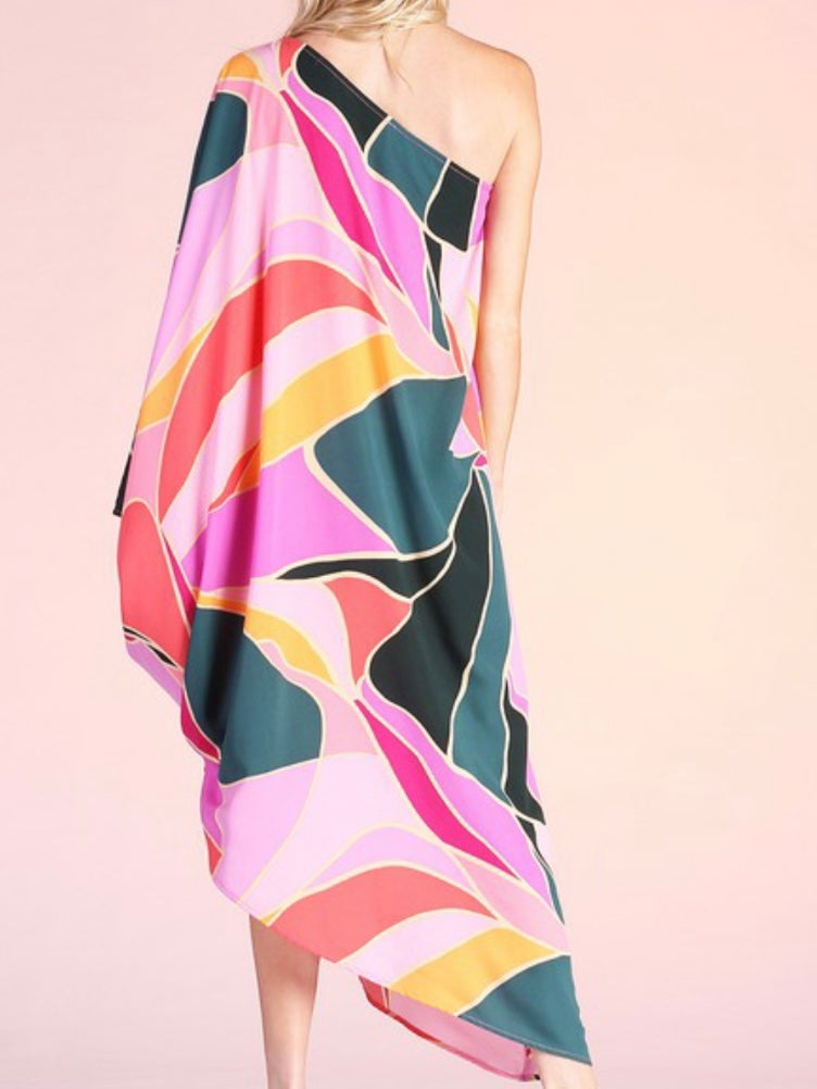 Pink Metamorphosis One Shoulder Midi Dress