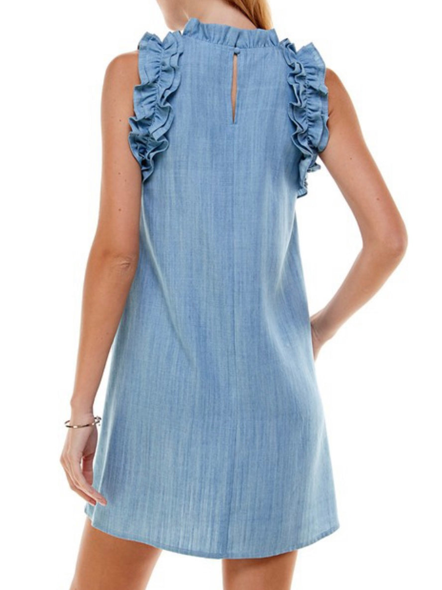 Denim Ruffled Neckline Short Dress