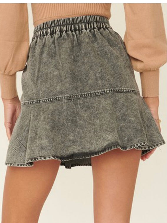 Acid Wash Denim Ruffled Drop Waist Skirt